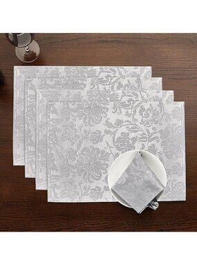 4 new Holiday Medley Silver-Gray Damask Fabric Placemats (each is 13x18 inches)